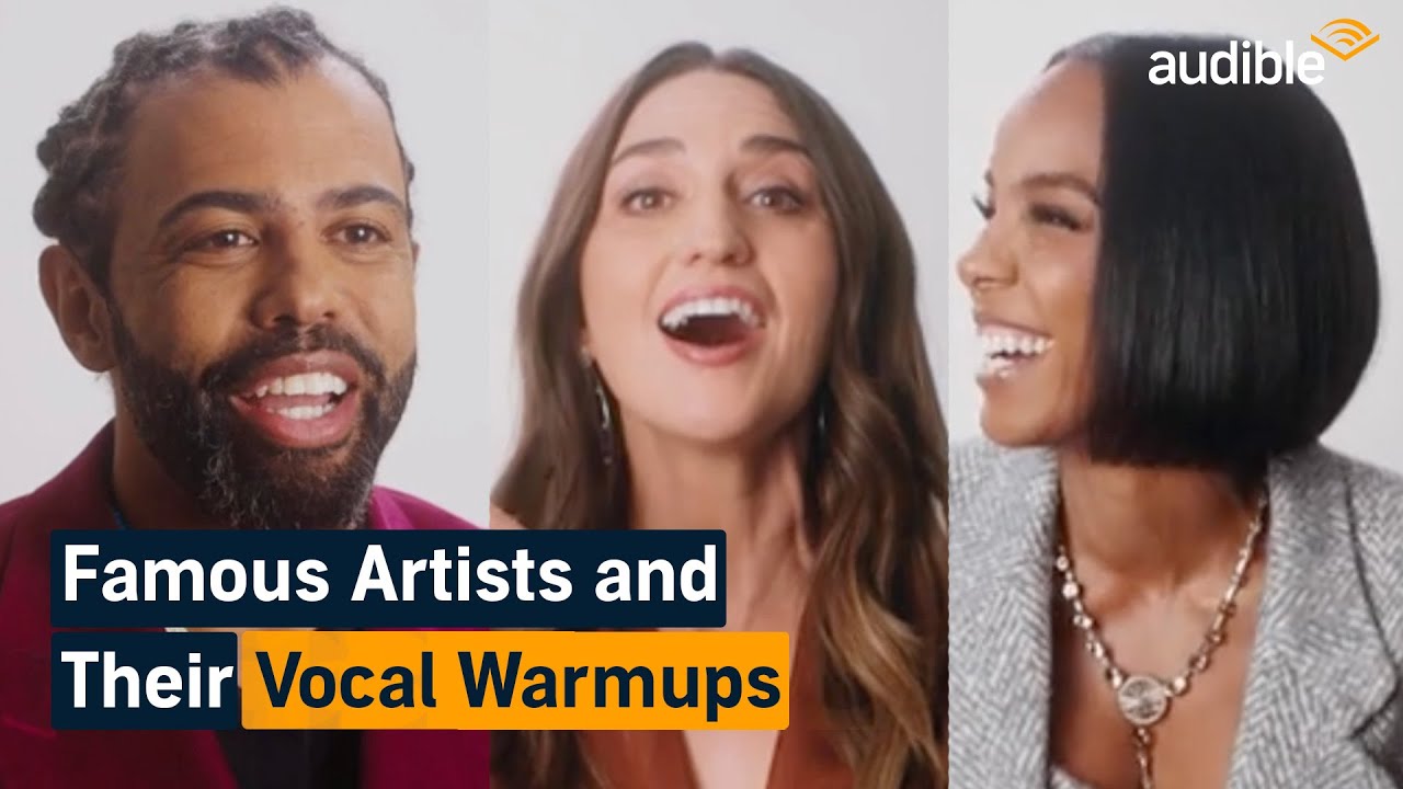 Daveed Diggs, Sara Bareilles, and Kelly Rowland appear in three close-up panels during an Audible Breakthrough vocal warm-ups video